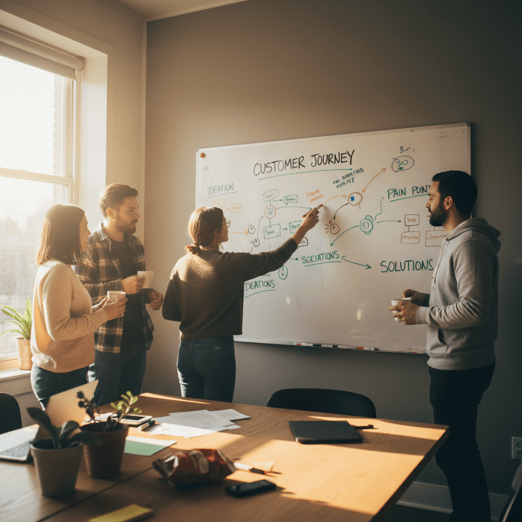 Strategy team planning on whiteboard