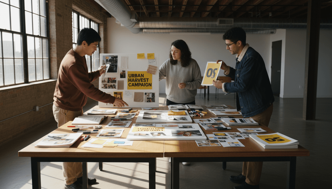 Marketing team collaborating over campaign materials